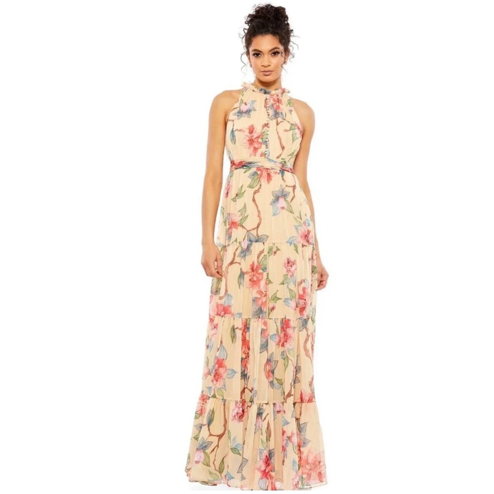 Ieena for Mac Duggal Floral Tiered Maxi Dress Nude Multi 70203 Size 2